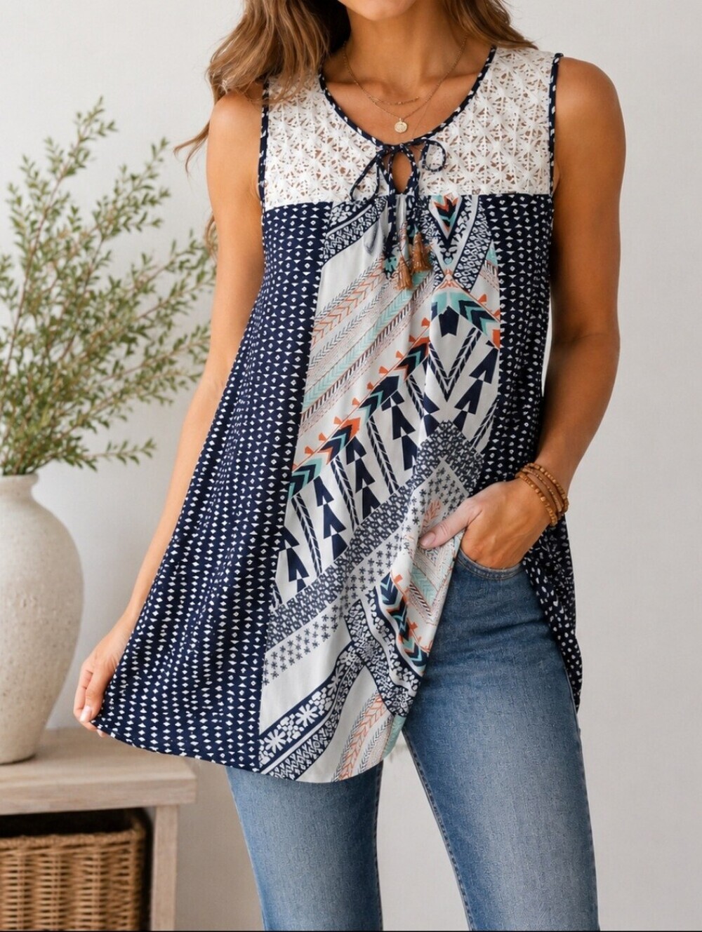 Bohemian sleeveless tunic medium crochet tribal feminine southwestern hippie